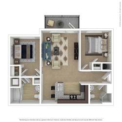 A 3D rendered image of a floor plan of an apartment.