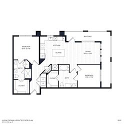 A floor plan of a home with a living room, two bedrooms, two bathrooms, a kitchen, and an island.