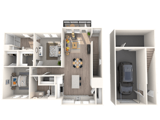 A 3D floor plan of a house showing a kitchen, living room, and bedrooms.