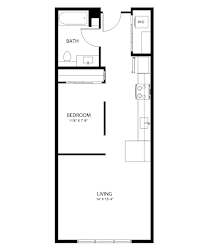 A floor plan of a small apartment with a bedroom, bathroom, and living room.