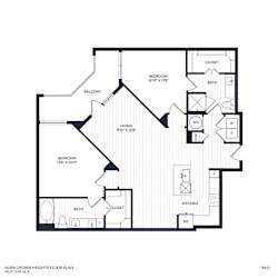 A floor plan of B4's layout for Aura Crown Heights with 2 bedrooms, 2 bathrooms, and a balcony