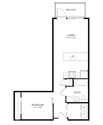A black and white image of a floor plan for a one bedroom apartment.