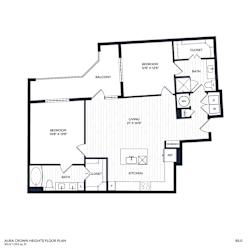 A floor plan of B5's layout with a living room, two bedrooms, two bathrooms, and a kitchen
