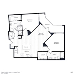 A floor plan of B6's layout with a living room, two bedrooms, two bathrooms, a kitchen, and an island.