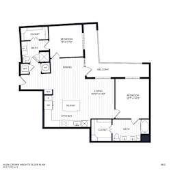 A floor plan of a two bedroom apartment home with a living room, dining room, kitchen, and two bathrooms
