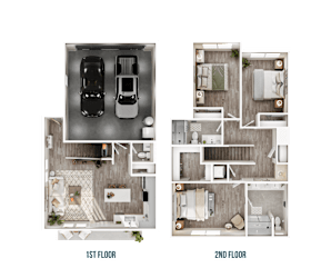 A floor plan of a two-story home with a garage on the first floor and a living area on the second floor.