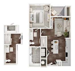 A top-down view of a small apartment with a kitchen, living room, and bathroom.