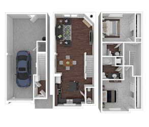 A 3D floor plan of a house showing the layout of the rooms.