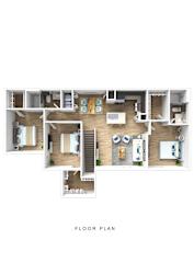 A floor plan of a house with a kitchen, living room, and bedrooms.
