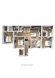 A floor plan of a house with a kitchen, living room, and two bedrooms.