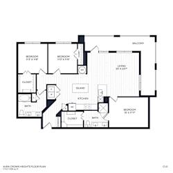 A floor plan of a balcony, living room, kitchen, and bathroom.