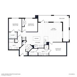A black and white image of a floor plan for a three-bedroom apartment home with two bathrooms and a balcony