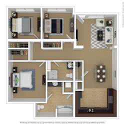 A floor plan of a small apartment with a kitchen, living room, and two bedrooms.