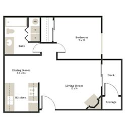 A floor plan of a small apartment with a kitchen, dining room, living room, bedroom, and storage.
