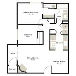 A floor plan of a house with a Master Bedroom, Bedroom, Kitchen, Living Room, Dining Room, and a Deck.