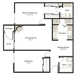 A floor plan of a house showing a living room, kitchen, dining room, two bedrooms, a master bedroom, a deck, and storage.