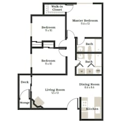 A floor plan of a house with a living room, two bedrooms, a kitchen, a dining room, and a walk-in closet.