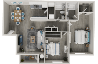 A top-down view of a small, neatly organized bathroom with a toilet, sink, and towel racks.