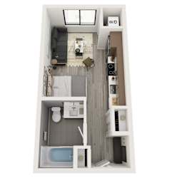 A top down view of a small apartment with a kitchen, living room, and bathroom.