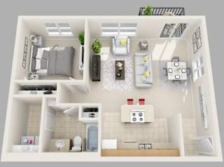 A 3D floor plan of a small apartment with a kitchen, living room, and bathroom.