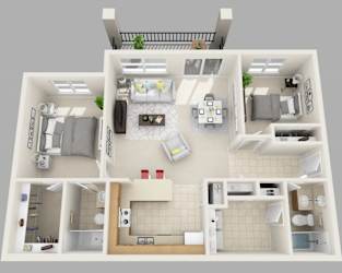 A 3D floor plan of B1 showing a kitchen, living room, and two bedrooms.