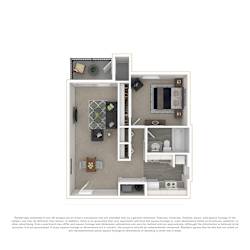 A 3D floor plan of a house with a kitchen, living room, and bathroom.