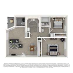 A 3D floor plan of a house with a kitchen, living room, and bathroom.