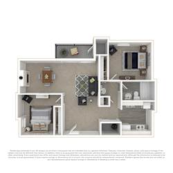A 3D floor plan of a house with a kitchen, living room, and two bedrooms.
