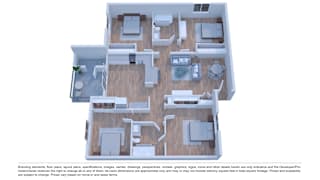 A 3D floor plan of a house with multiple rooms and furniture.