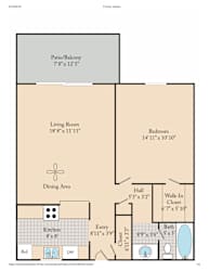 A floor plan for a home with a living room, dining area, kitchen, and bathroom.