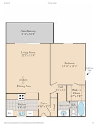 A floor plan for a home with a living room, dining area, kitchen, bathroom, and bedroom.