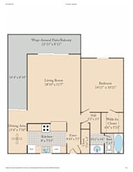 A floor plan for a home with a living room, dining area, kitchen, and bathroom.