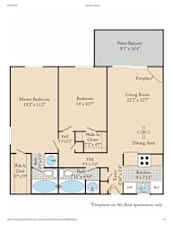 A floor plan for a home with a master bedroom, living room, dining area, kitchen, and bathrooms.