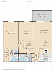 A floor plan for a home with a master bedroom, living room, dining area, kitchen, and bathroom.