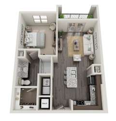 A top-down view of a small apartment with a bedroom, living room, and kitchen area.