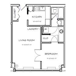 A floor plan of a small apartment with a living room, bedroom, kitchen, and bathroom.