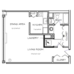 A floor plan of a small apartment with a living room, dining area, kitchen, bathroom, and closet.