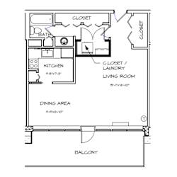 A floor plan of a house with a kitchen, living room, and dining area.