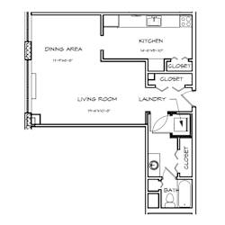 A floor plan of a small apartment with a living room, dining area, kitchen, bathroom, and laundry room.
