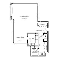 A floor plan of a small apartment with a living room, dining area, kitchen, and bathroom.