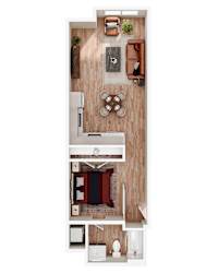 A top-down view of a modern kitchen with a dining area.