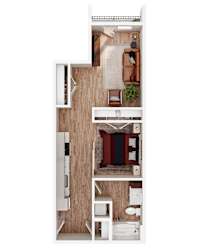 A top-down view of a modern apartment with a kitchen, living room, and bedroom.