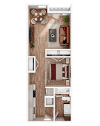 A top-down view of a small apartment with a kitchen, living room, and bedroom.
