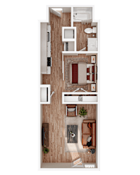 A top-down view of a small apartment with a bedroom, living room, and kitchen.