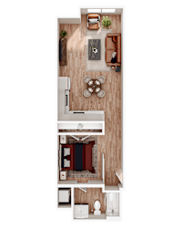 A top-down view of a small apartment with a kitchen, living room, and bathroom.