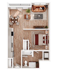 A top-down view of a small apartment with a kitchen, living room, and bathroom.