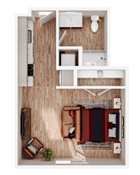 A top-down view of a room with a couch, chairs, and a table.