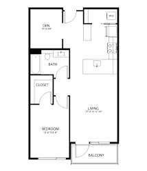 A floor plan of a small apartment with a den, bathroom, closet, living room, bedroom and balcony.