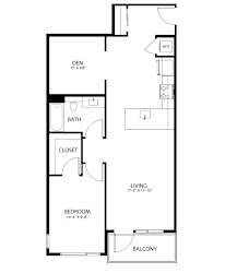 A floor plan of a small apartment with a den, bathroom, closet, living room, bedroom and balcony.