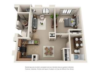 A 3D rendered image of a house layout.
